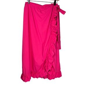 Antik Batik ANTHROPOLOGIE Wrap Skirt Popy Pareo Pink Poplin Ruffle Trim Sz Med